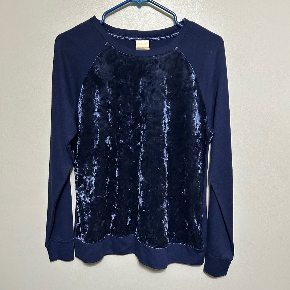 Jasmine & Ginger Navy Blue Velvet Front Crew Neck Sweater